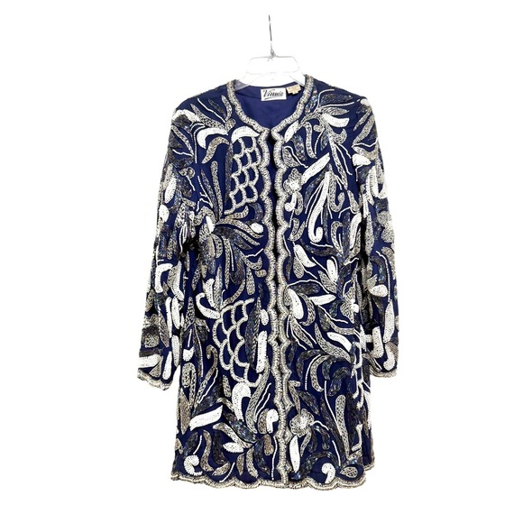Vinnie Jackets & Blazers - Vinnie Womens Navy Blue Silk Beaded Floral Evening Jacket Duster Size L Vintage